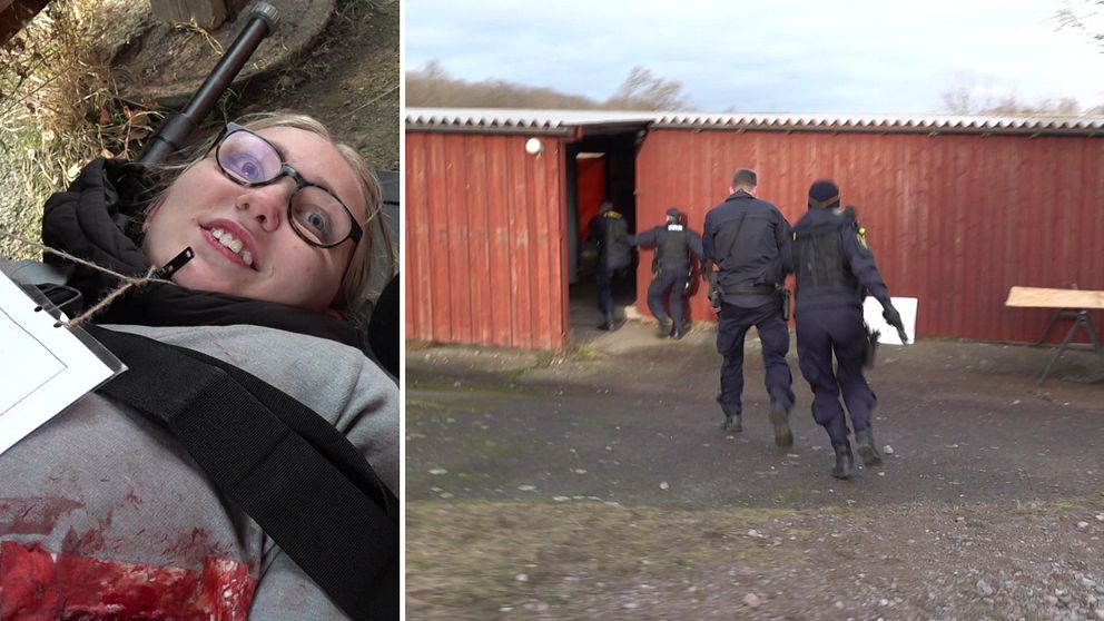 En tvådelad bild där bilden till vänster föreställer en ung tjej med glasögon som ligger fastspänd på en bår. Bilden till höger föreställer poliser som springer med dragna vapen mot ett rött hus.