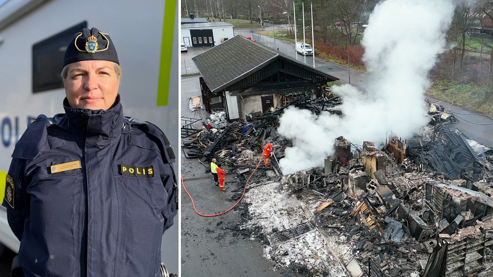 Kommunpolis Alexandra Norén, samt drönarbild över en företagsbyggnad i Perstorp, totalförstörd efter en brand.
