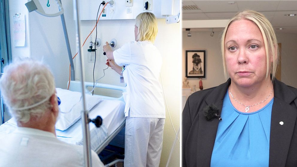 Bild på en sjuksköterska som jobbar på ett patientrum. En patienten sitter bakom henne.