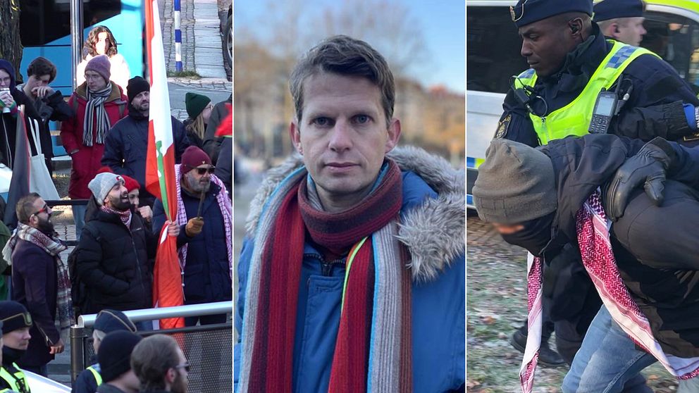 Bild med tre sektioner: den vänstra visar en grupp människor som håller upp flaggor och deltar i en demonstration; den mittersta sektionen visar en person klädd med en halsduk och jacka, som verkar fokuserad på omgivningen; den högra sektionen visar en man som förs bort av polis, med säkerhetsutrustning och ledande av en konfrontation.