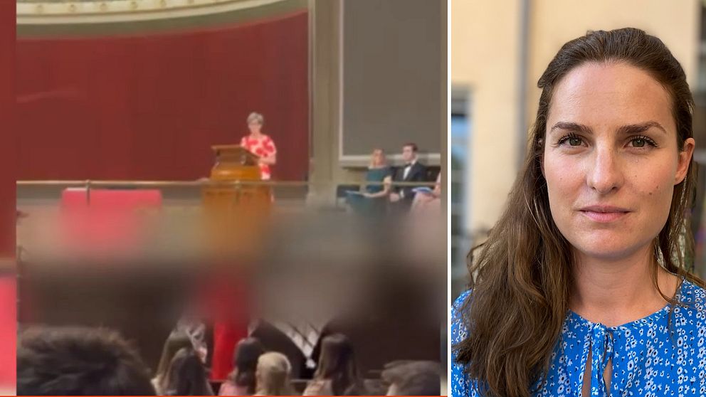 En bild på en person som står i en aula och håller tal och en kvinna i blå tröja