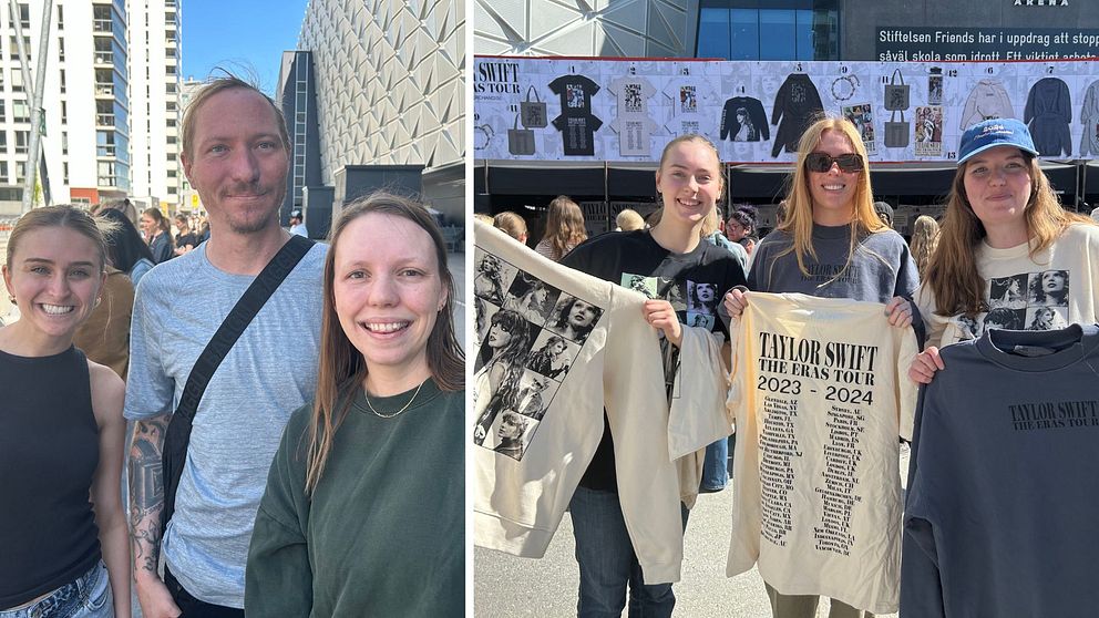 Fans köar till Taylor Swift-merch utanför Friends Arena i Solna.