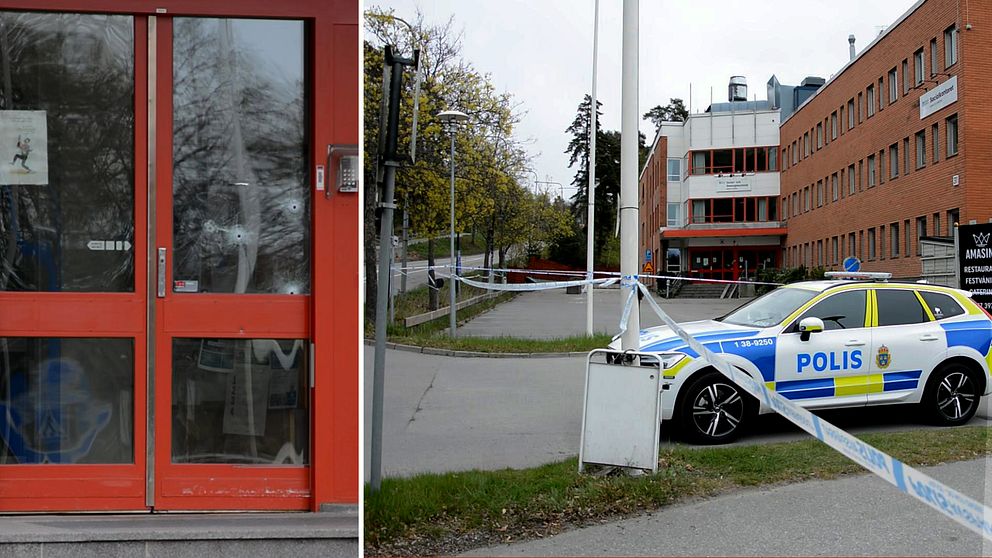 Delad bild. Till vänster: entrédörr med skotthål. Till höger: polisbil vid avspärrat område vid byggnad.