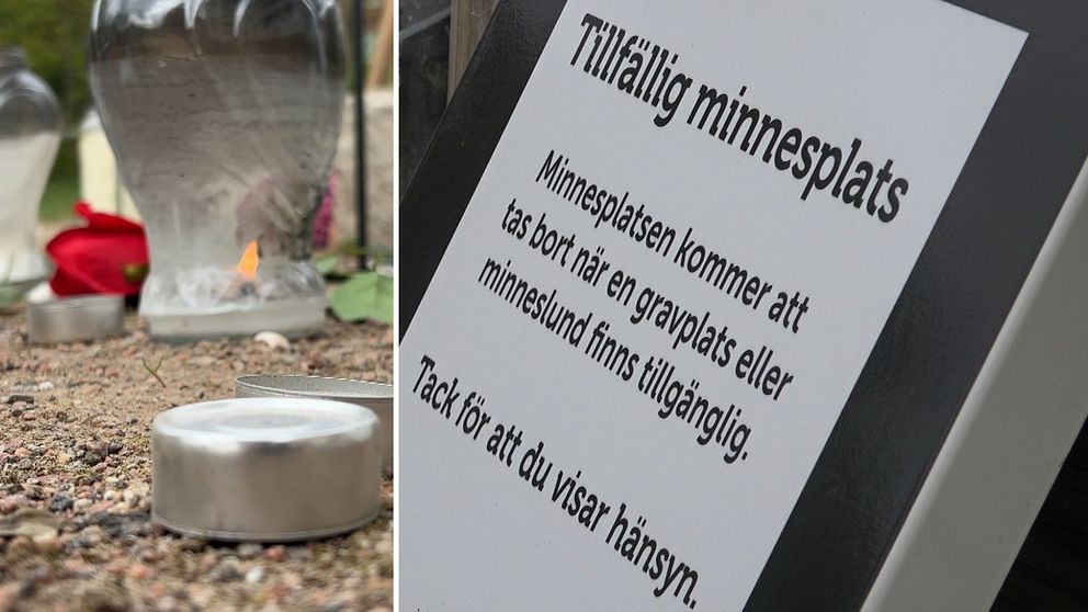 Delad bild. Till vänster: gravljus och blommor på mark. Till höger: skylt om tillfällig minnesplats.