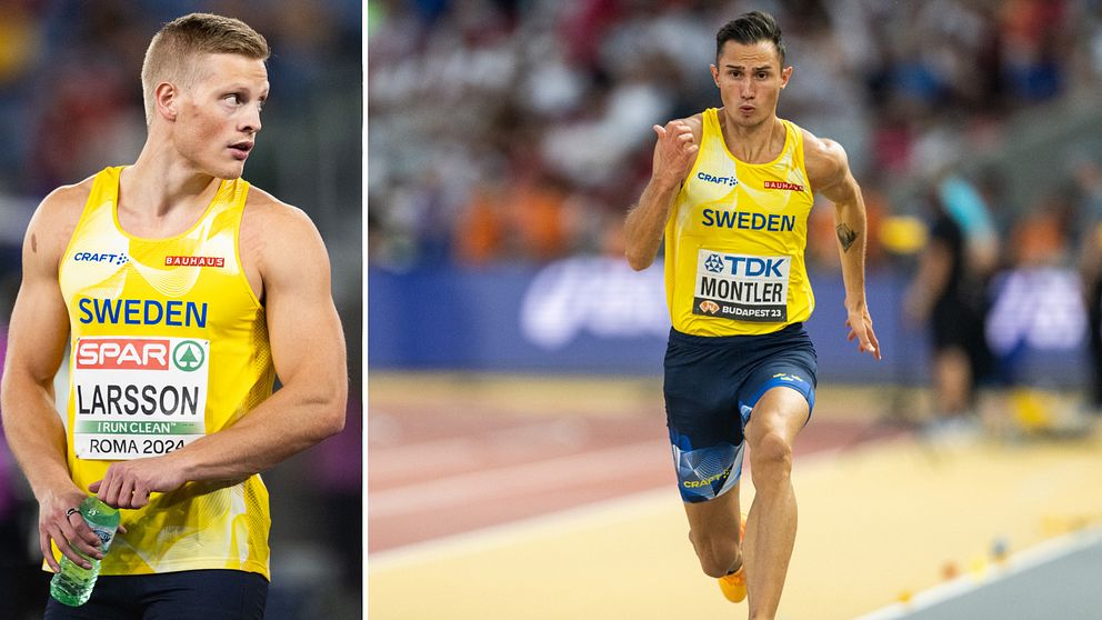 Delad bild av två svenska friidrottare i tävlingssammanhang. Till vänster står en atlet iförd en gul tävlingströja med texten ”Sweden” och ”Larsson”, och håller i en vattenflaska. Till höger springer en annan atlet på en löparbana, även han i gul tävlingströja med texten ”Sweden” och ”Montler”.