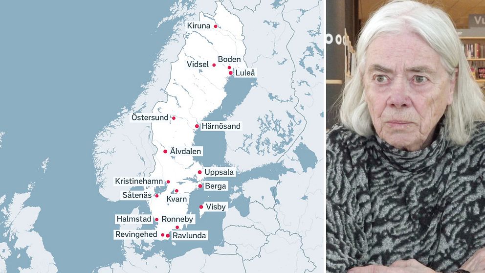Karta som visar 15 platse ri Sverige där NATO bygga baser och Ingela Mårtensson, Kvinnor för fred.
