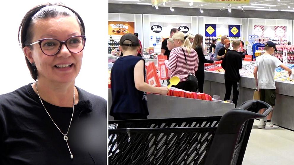 Till vänster butikschef Maarit Nyman-Pitkänen och till höger flera kunder som plockar godis.
