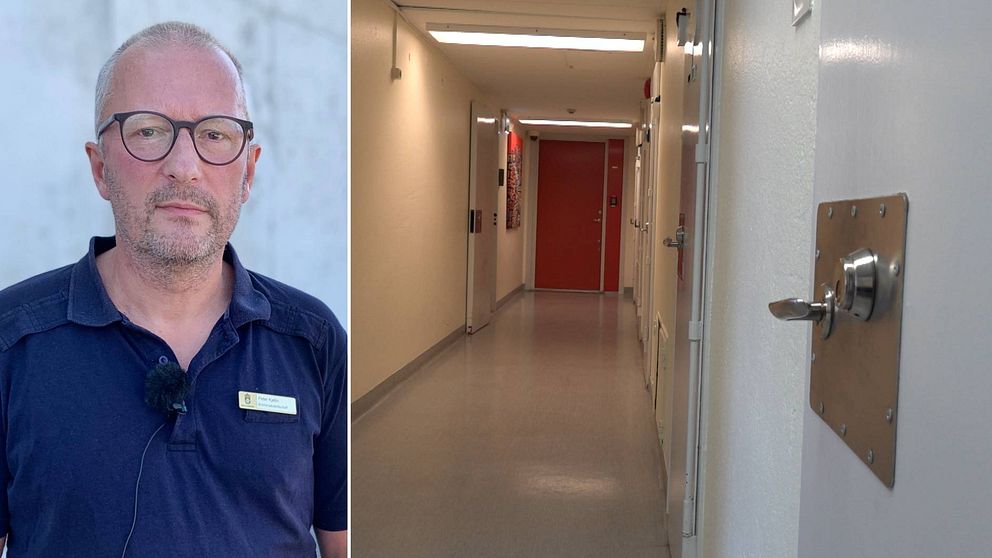 Delad bild. Till vänster: En man, Peter Kjellin, med svarta glasögon och blå skjorta. På skjortan finns en namnskylt tillhörande kriminalvården. Till häger: En bild infirån anstalten Hällb.