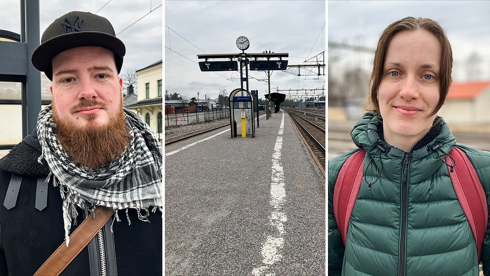 En tredelad splittbild, till vänster Anton Algotsson, i mitten en tågperrong och till höger Kristin Larsson. Alla bilder tagna vid tågstationen i Frövi.