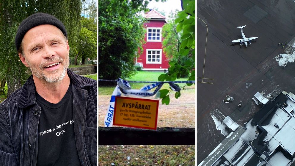 Tredelad bild. I mitten: avspärrningsskylt och röd byggnad. Till höger: flygplats med ett flygplan.