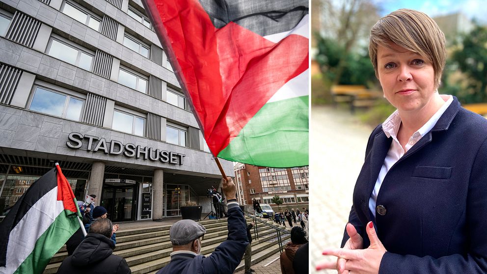 Stadshuset i Malmö där Palestinska flaggor viftas.