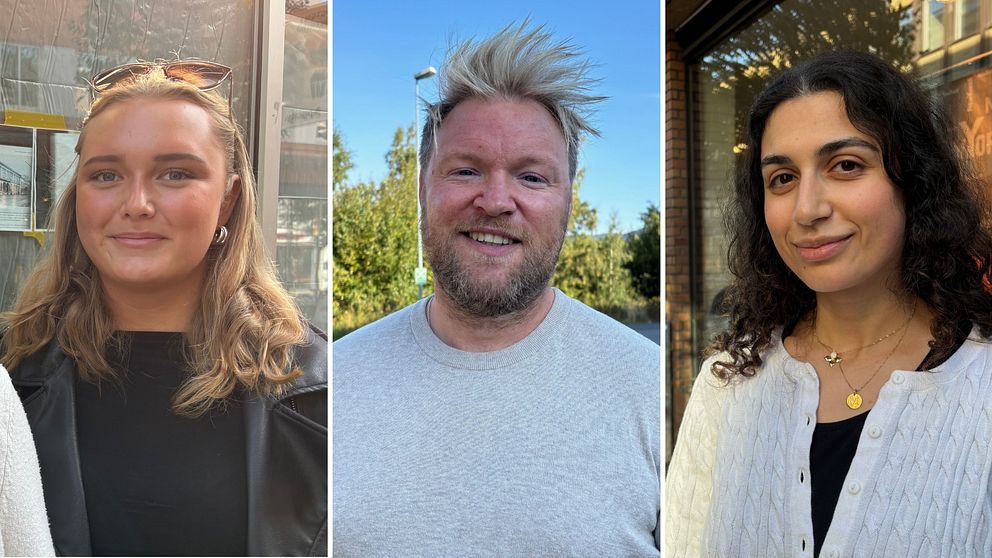 Nathalie Kind med svart tröja och svart jacka, Fredrik Hagelvik i grå tröja ler mot kameran, Hajer Talhun med svart lockigt hår iklädd vit stickad kofta