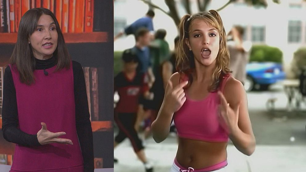 Splitbild Kulturnyheternas kritiker Tali da Silva och stillbild från Britney Spears musikvideo ...Baby one more time