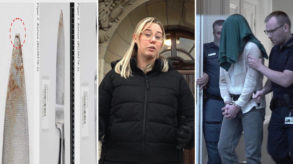 En delad bild som visar tre sektioner. Den första sektionen visar flera knivar, inklusive en med en rostig blad, med etiketter. Den andra sektionen visar en person i en svart jacka, som står i en offentlig miljö. Den tredje sektionen visar en annan person klädd i ljusa kläder, med en grön huva över huvudet, som leds bort av två poliser.