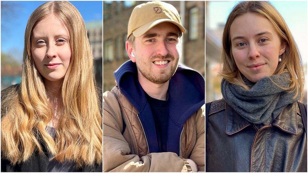Tredelad bild. Tre unga personer utomhus i olika vinterkläder, två med långt ljust hår.