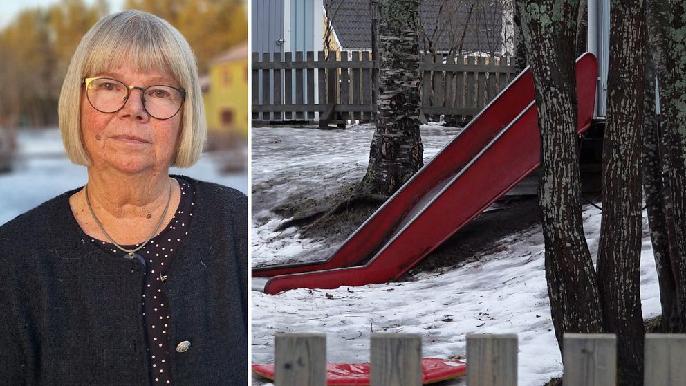 En delad bild som visar två scener. Till vänster en kvinna iförd en mörk jacka, stående framför en vattenspegel med höstiga färger i bakgrunden. Till höger en röd rutschkana i en lekplatsmiljö, omgiven av träd och en snötäckt mark, vilket tyder på kallare väder.