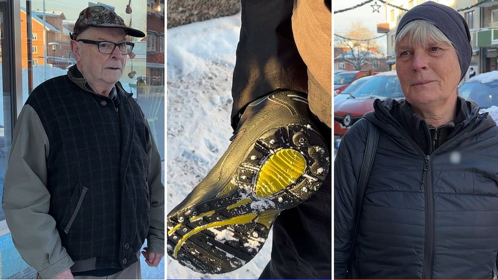 Två personer står och blir intervjuade, en visar upp sina skosulor med inbyggda broddar