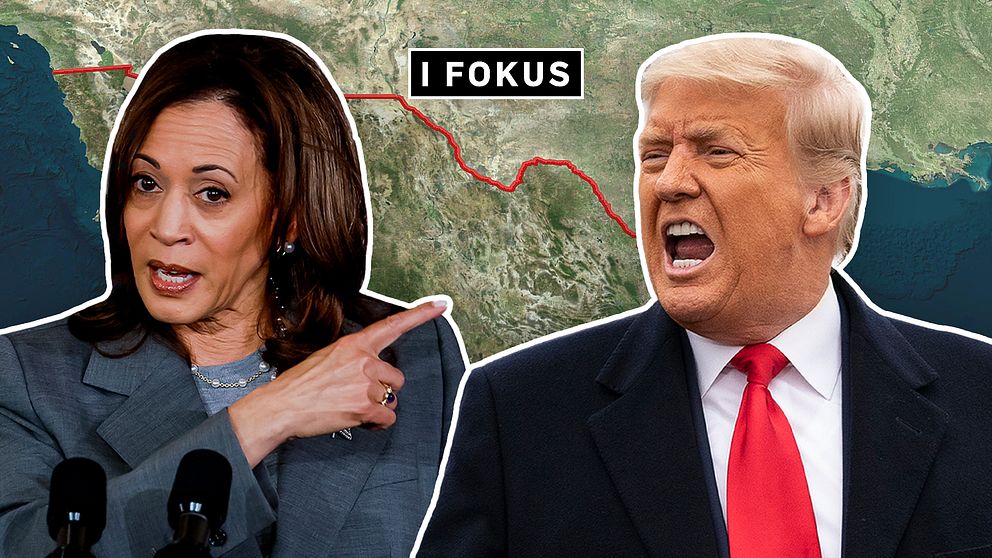 En kvinna i en kostym pekar mot en karta som visar gränsen mellan USA och Mexiko, medan en man i kostym står bredvid henne. Texten ”I FOKUS” är synlig ovanför kartan. Bilden tyder på en diskussion om gränsfrågor.