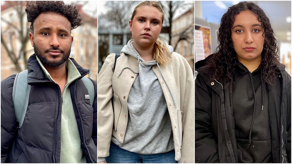 Bilden är uppdelad i tre sektioner, där varje sektion visar en person klädd i vinterkläder. Den första personen bär en svart jacka och en grön tröja med en grå ryggsäck över axeln. I mitten har personen på sig en beige jacka och en grå huvtröja samt blå jeans. Den tredje personen har en svart jacka och en svart huvtröja. Alla står utomhus i en urban miljö.