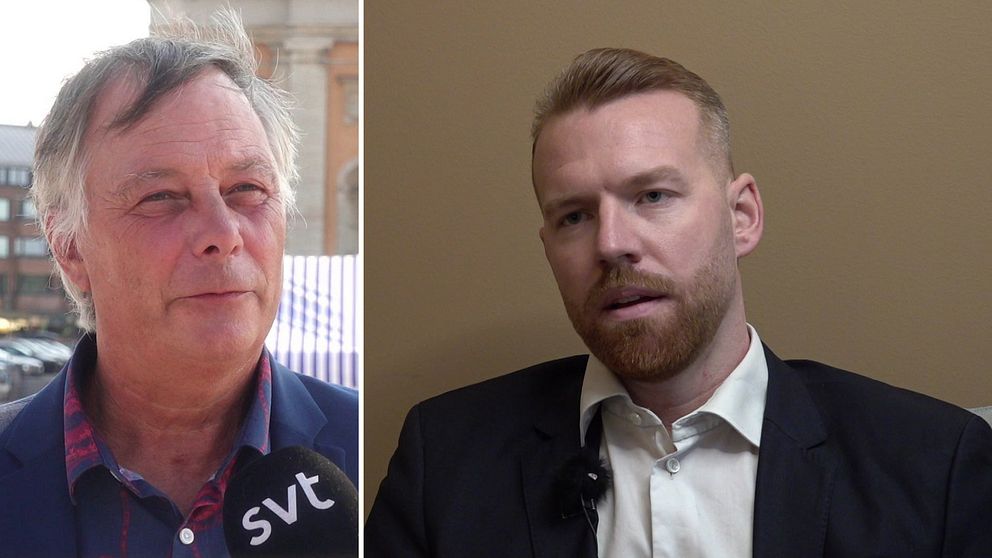 En delad bild med två sektioner. Den vänstra sektionen visar en person i en utomhusmiljö med en mikrofon märkta ”svt”, och en byggnad i bakgrunden. Den högra sektionen visar en person i en inomhusmiljö, klädd i en mörk kostym med vit skjorta, som sitter i en stol och ser mot kameran.