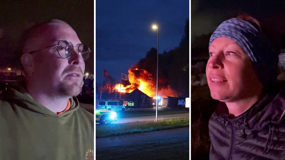 En tredelad bild med två personer på varsin sida om branden i Halmstad.