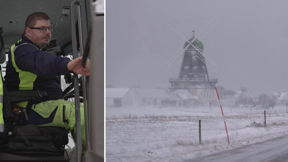 En delad bild som visar två scener: till vänster sitter en person i en snörik miljö bakom ratten på en lastbil, och till höger syns en gammal väderkvarn som omges av snöfall och hårda vindar.