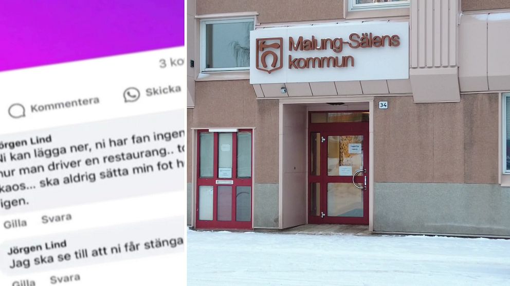 Skärmbild delad: till vänster visas en skärmdump på en del av kommentarerna där Jörgen Lind uttrycker missnöje. Till höger syns entrén till byggnaden för Malung-Sälens kommun i vintermiljö.