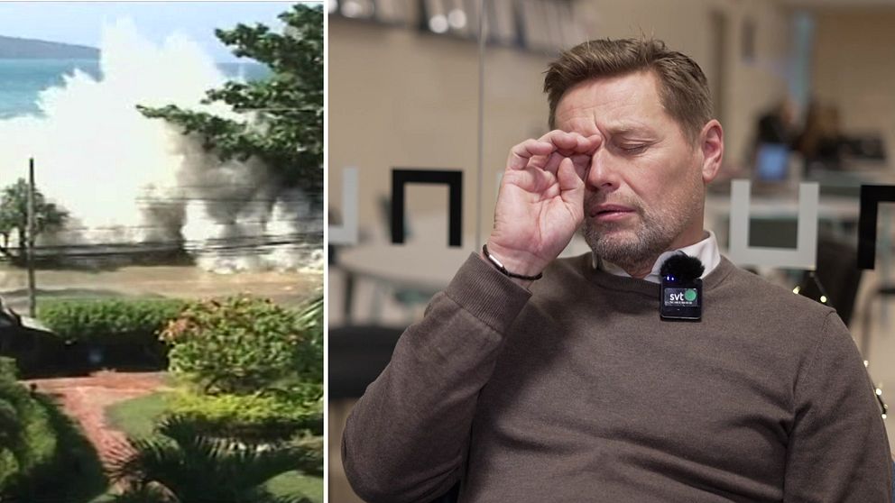 Den vänstra sektionen visar kraftiga vågor som slår mot en kustlinje omgiven av grönska, medan den högra sektionen visar en man som håller telefonen vid örat i en kontorsmiljö.