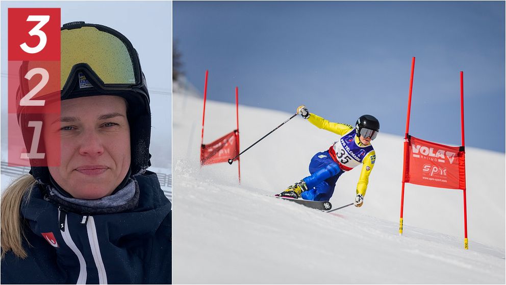 Delad bild: Till vänster syns en person iförd skidutrustning med gula skidglasögon och blå jacka. Till höger en telemark-skidåkare i gul och blå dräkt som svänger mellan röda slalompinnar i en tävlingsbana.