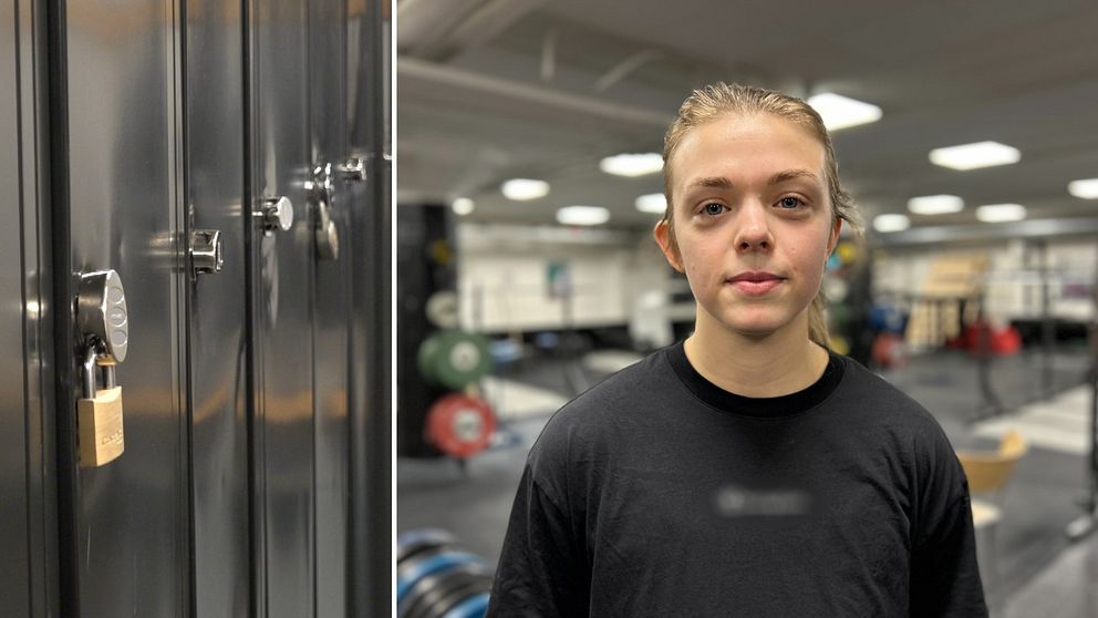 Flera skåp med hänglås till vänster i bild. En tjej som tittar rakt in i kameran till höger.
