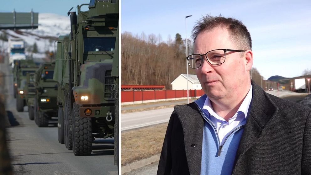 delad bild: militärfordon på väg, samt Norges försvarsminister Bjørn Arild Gram – en man med glasögon som intervjuas vid en bilväg.