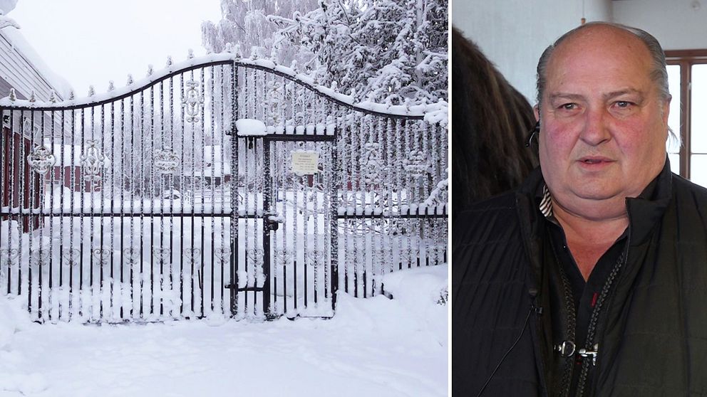Till vänster: Snötäckt Frösö Zoo. Till höger: Tidigare delägaren av Frösö Zoo, Åke Netterström, står framför en uppstoppad mammutunge och berättar om framtiden för markområdet där djurparken tidigare höll till.