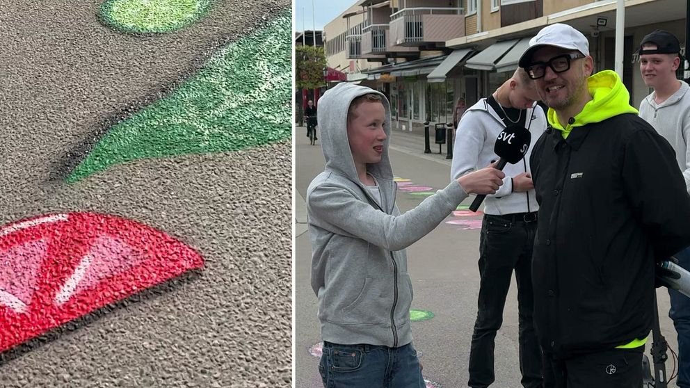 Delad bild. Vänster: färgglatt mönster på marken. Höger: En ung kille i hoodtröja intervjuar konstnären Tony Lorenzi på Stora Gatan i Köping.