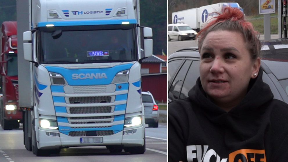 Till höger: lastbilar på en tungt trafikerad väg. Till vänster: Linda Koskajärvi, chaufför.
