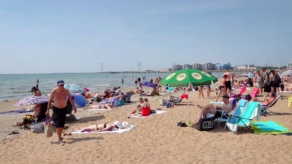 Folk solar och badar på Skrea Strand i Falkenberg under klar himmel.