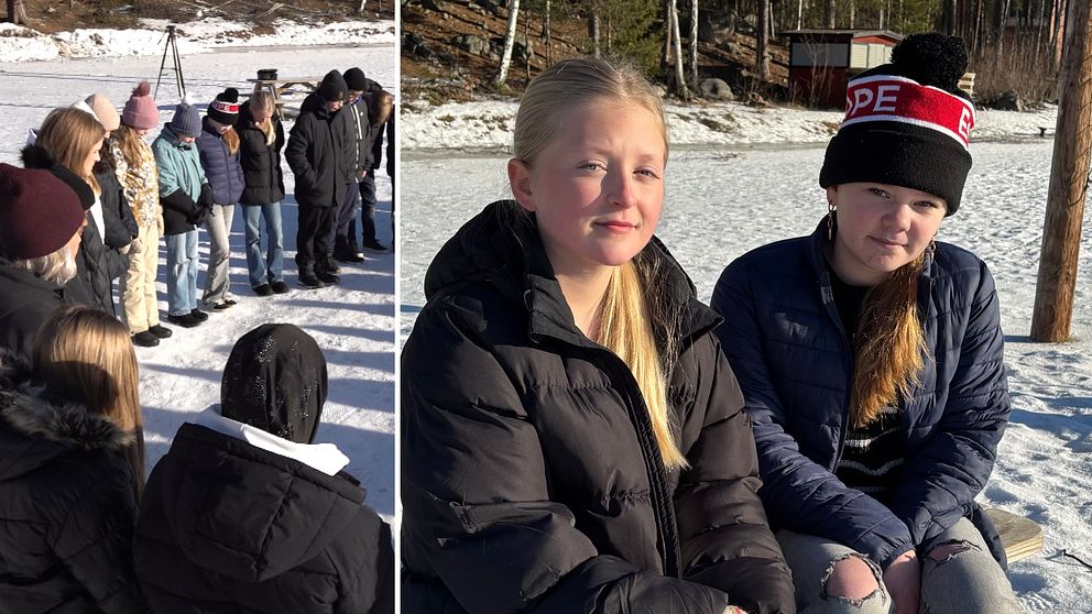 Till vänster står en grupp ungdomar i vinterkläder. Till höger sitter två personer i vinterjackor och mössor på en bänk i ett solbelyst vinterlandskap.