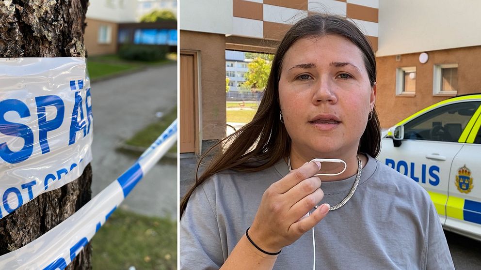 Polisband och reporter framför avspärrning efter en skottlossning i Eskilstuna.