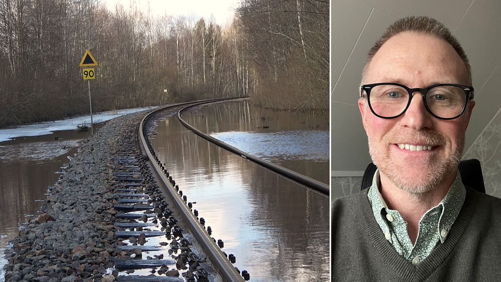 En bild på ett översvämmad järnvägsspår och en bild på en man med glasögon