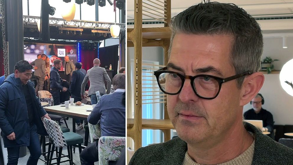 En delad bild som visar två scener: till vänster ser vi en livlig miljö med människor som deltar i en event, med en scen i bakgrunden och belysning. Till höger en närbild av en person med grått hår som sitter i en lugn miljö, troligen ett kontorsutrymme, med en bokhylla i bakgrunden.