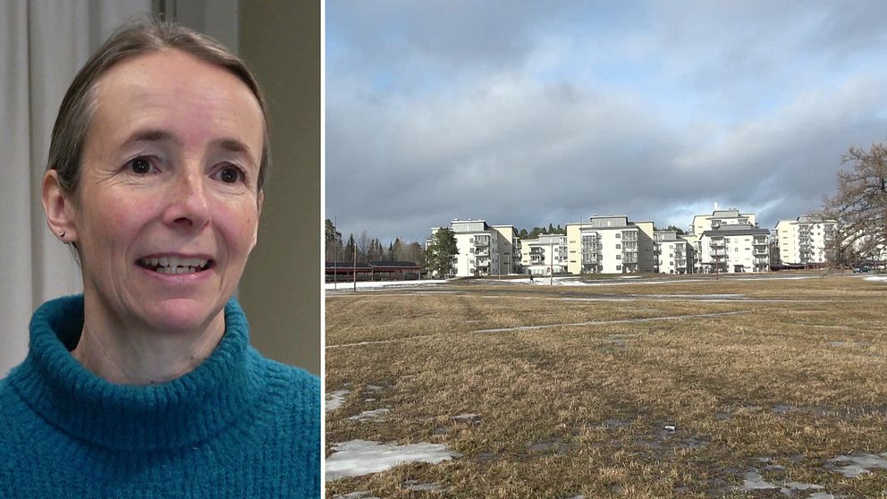 Tvådelad bild. Till höger: Gråa hyreshus vid ett snöglest fält under molnig himmel. Till vänster: En kvinna i blå tröja med hög krage.