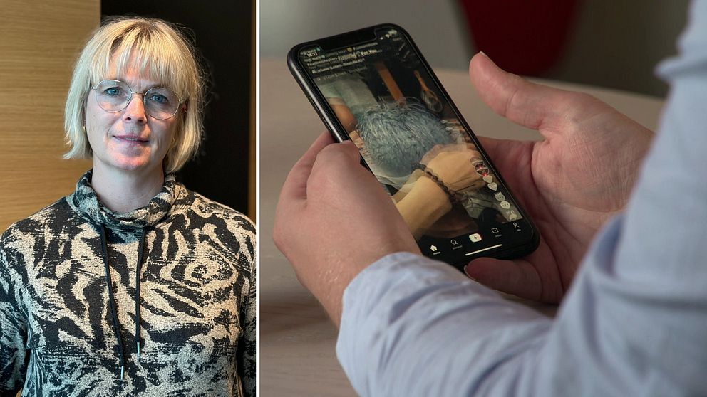 Till vänster en kvinna i glasögon och blont halvlångt hår, Ulrika Helgmo. Till höger en person som tittar på tiktok.