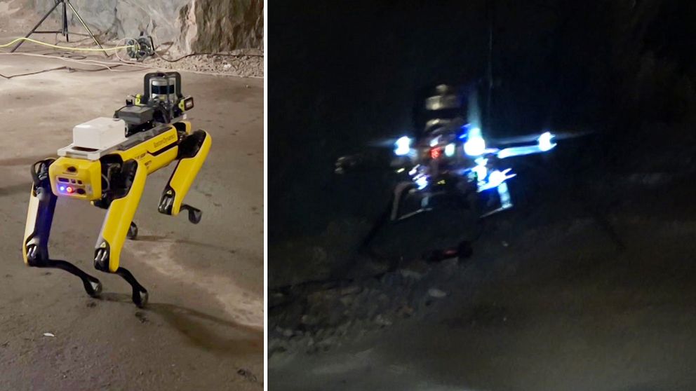 Två autonoma robotar, i drönar- och hundform, på plats i en LKAB-gruva.