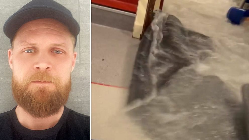 Splitbild på passageraren Erik Börjesson och golvet på färjan som är täckt av vatten.