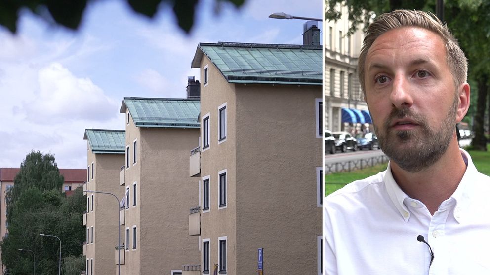 Bostadshus och man i bild.