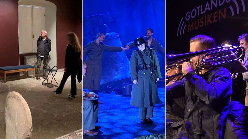 Tre bilder: besökare på gotlands museum, en teaterföreställning på länsteatern på Gotland, en blåsorkester från Gotlandsmusiken spelar