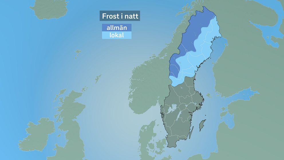 Minusgrader eller frost i landets norra halva kommande natt.