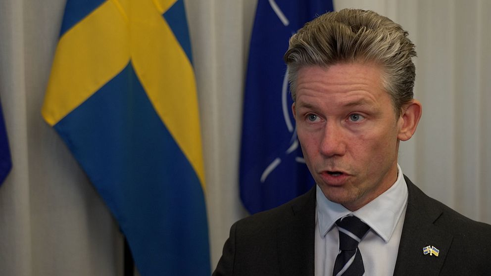 Pål Jonson (M) i kostym framför svenska flaggan och Nato:s flagga.