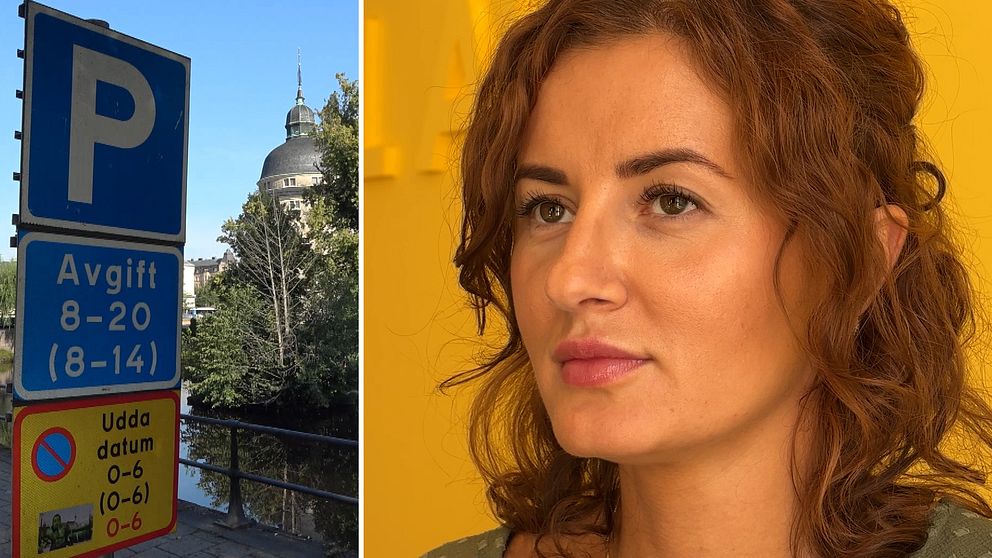 Vänster: P-skylt med Slottet i Örebro i bakgrunden.  Höger: Armina Ilijasevic, närbild på kvinna i gult rum