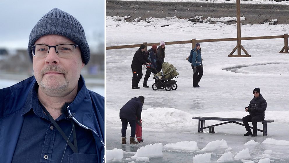 Delad bild man och folk på is