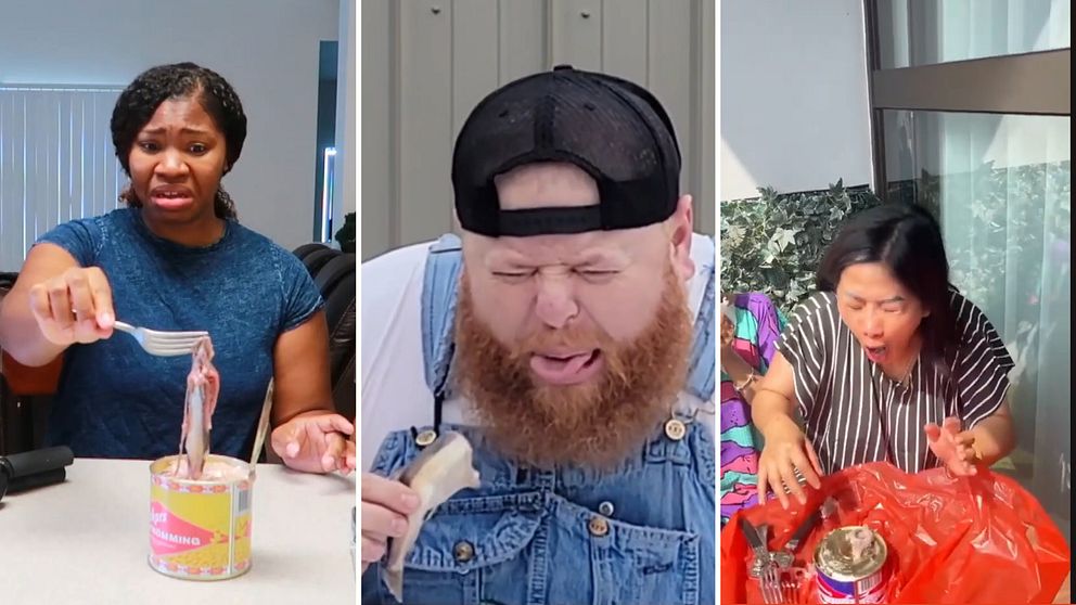 Människor i skiftande grimaser av äckel framför varsin burk med surströmming.